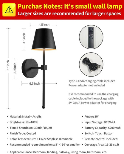 Wireless Wall Lamps 2-pack, LED Lamps with Rechargeable Battery, Stepless Dimmable with Remote Control