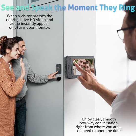 Wireless Doorbell with Camera - 1080P Image & 4.5 Inch Screen - No WiFi Required - Range Up to 120m - Night Vision