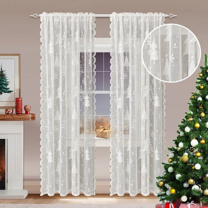 Window Screen - Ice Flower Christmas Tree Window Screen - Metal Mesh - European and American - Christmas - Curtain - Net Curtain 2-Piece Set (150*250cm)
