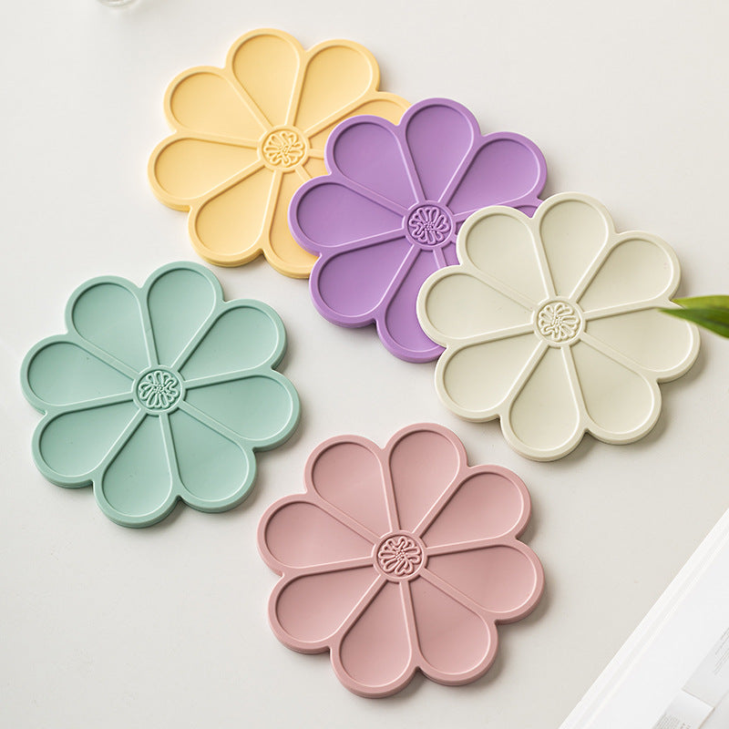 5 Pack Flower-Shaped Silicone Trivets with Gold Storage Stand, Heat Resistant Non-Slip Cup and Pan Mats, Assorted Colours