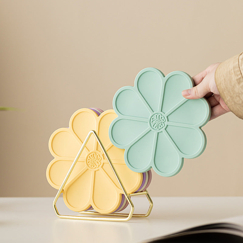5 Pack Flower-Shaped Silicone Trivets with Gold Storage Stand, Heat Resistant Non-Slip Cup and Pan Mats, Assorted Colours