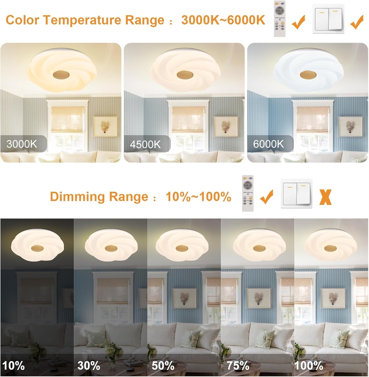 LED recessed ceiling light, 48W dimmable flower shape ceiling lamp, 14.8 inch 3 CCT, close to the ceiling, suitable for bedroom, hallway, living room,