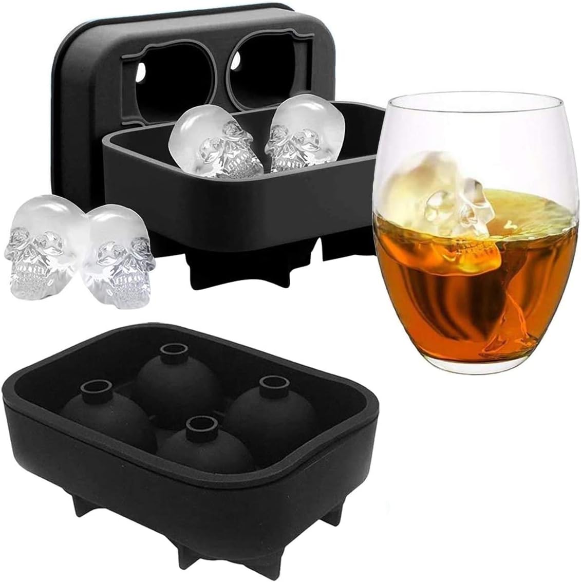 KIRALOVE 4 skulls - ice cubes - silicone ice cube maker - for home - kitchen - bar accessories - drinks - random color - refrigerator
