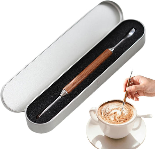 Coffee Latte Art Needle - 304 Stainless Steel Coffee Art Pen - Cappuccino Engraving Pen Double Head - Stainless Steel Espresso Tool - For Latte Decoration - With Wooden Handle