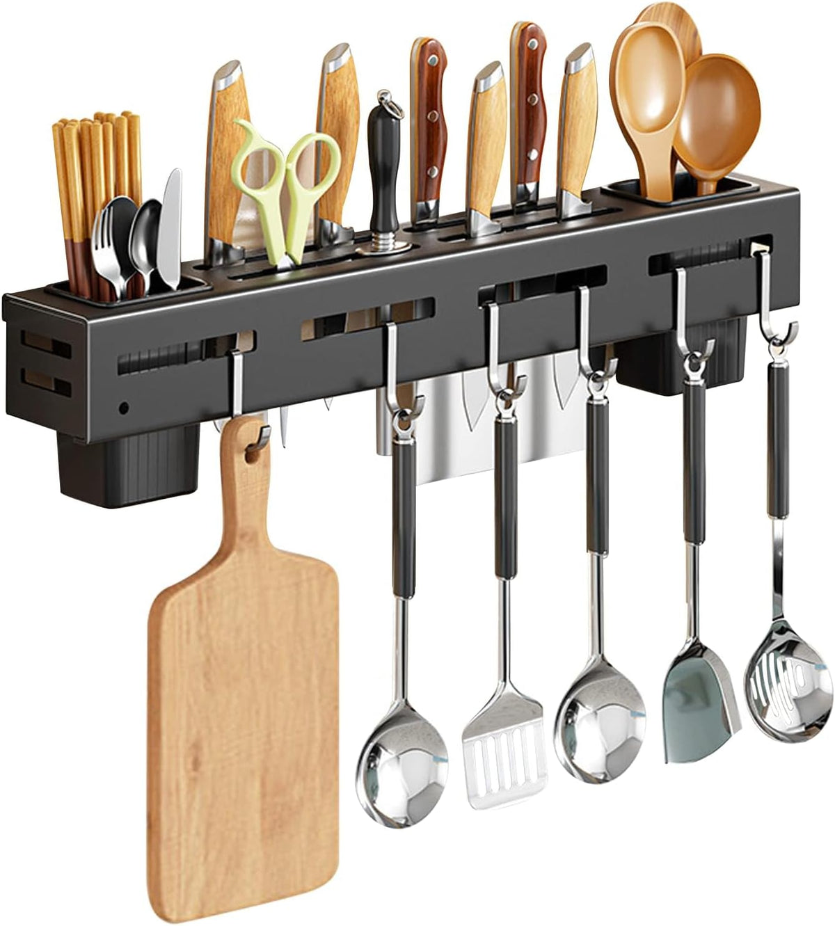 Self-Adhesive Kitchen Rail with 6 Hooks, No-Drill Wall Mount Utensil and Towel Hanging Rack for Kitchen Storage, Black