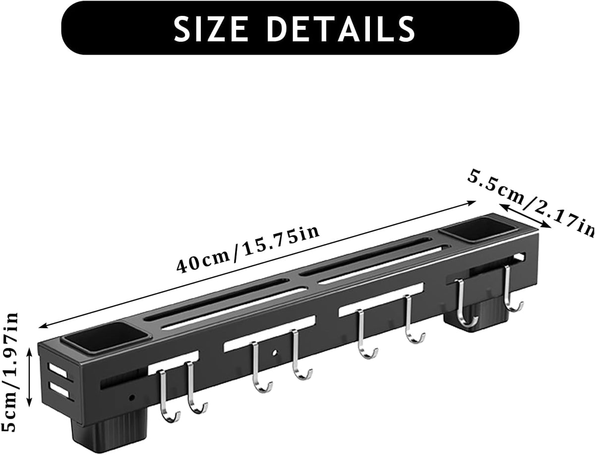 Self-Adhesive Kitchen Rail with 6 Hooks, No-Drill Wall Mount Utensil and Towel Hanging Rack for Kitchen Storage, Black
