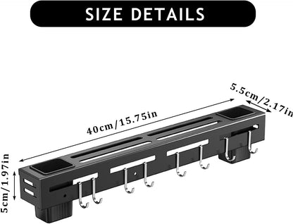 Self-Adhesive Kitchen Rail with 6 Hooks, No-Drill Wall Mount Utensil and Towel Hanging Rack for Kitchen Storage, Black