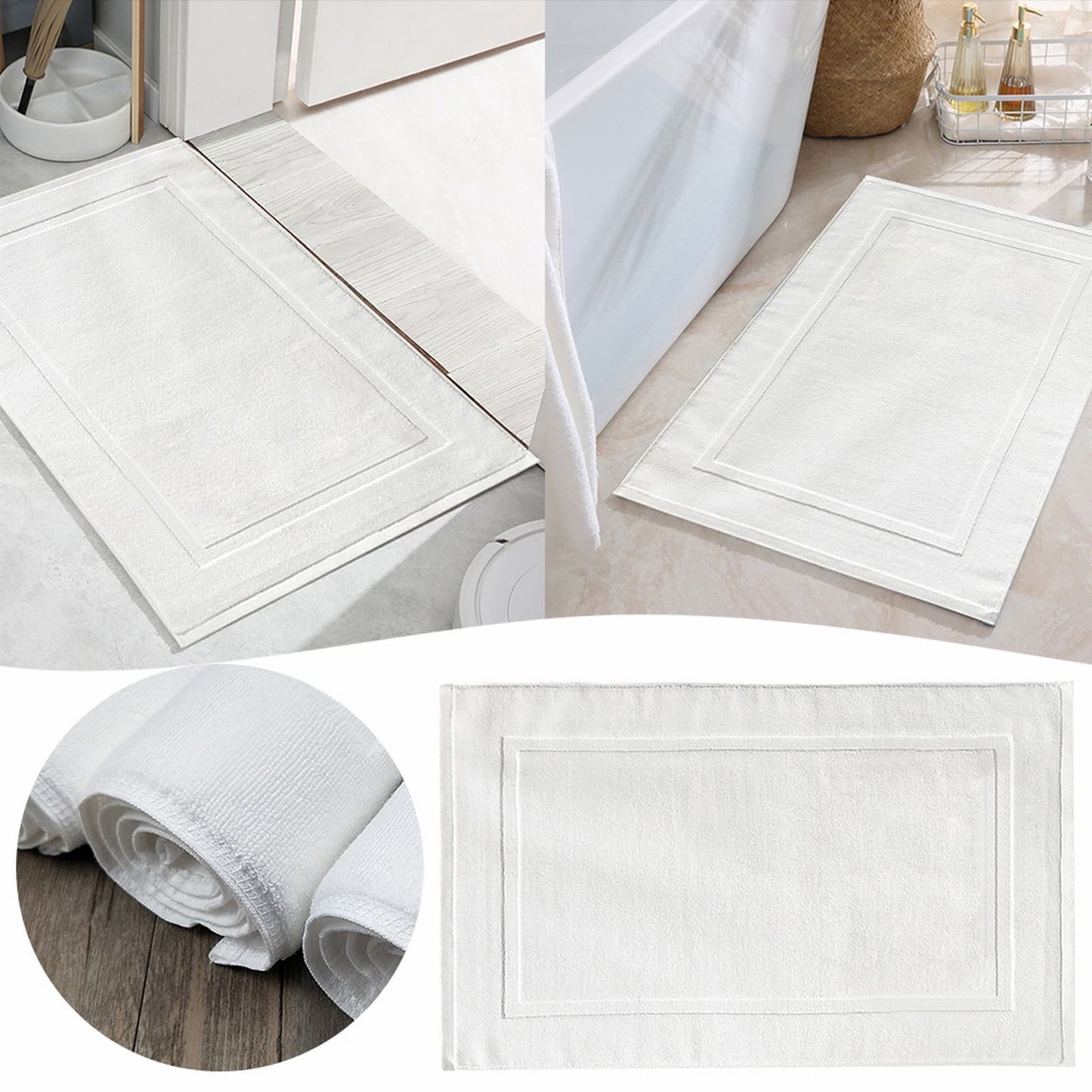 2PCS White Cotton Classic Rug Bath Mats Absorbent Cotton Hotel Spa Shower Bathtub Mats [Not A Bathroom Rug] Machine Washable Shower Bathroom Floor Towel White 1PCS & A 1PCS & B 1PCS & C 1PCS