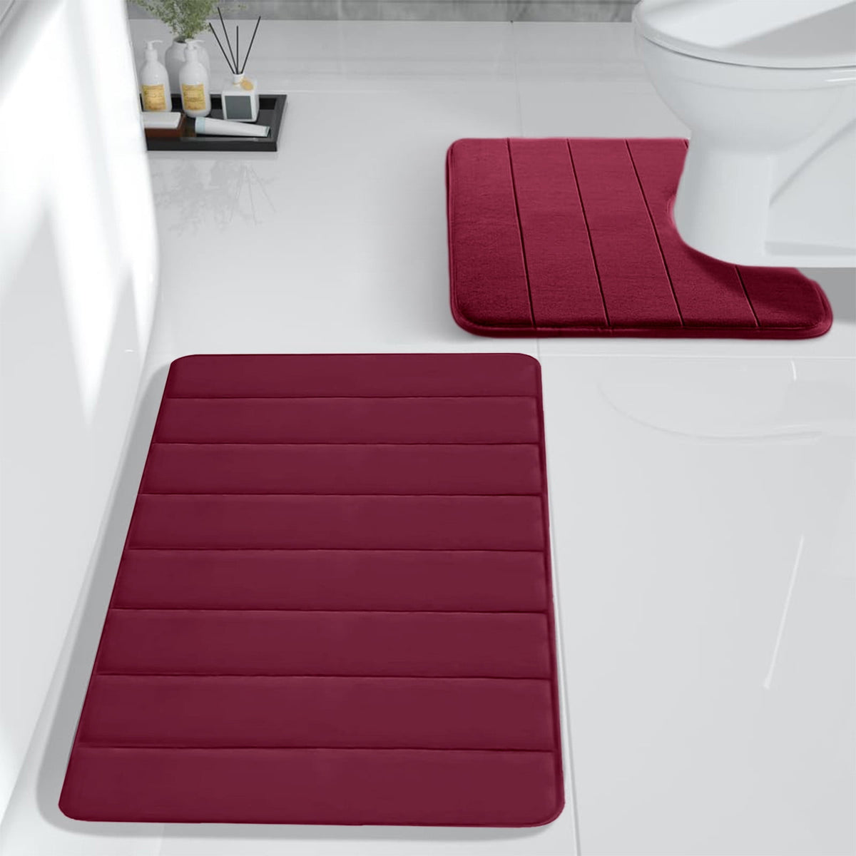 Memory Foam Toilet Rug, Non-Slip Bathroom Rugs, Toilet Rugs U Shaped Washable, Commode Contour Rug, Soft Comfortable Super Water Absorption #2_Red