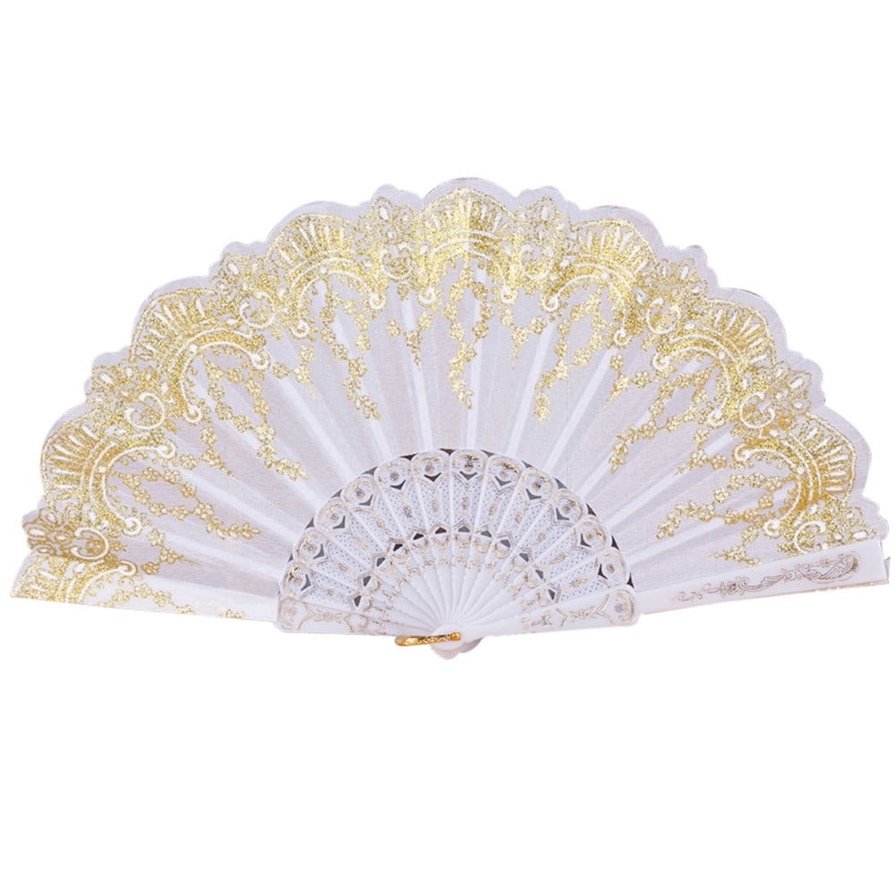 JWDX Folding Fan Clearance, Chinese Style Dance Wedding Party Lace Silk Folding Hand Held Flower Fan White White