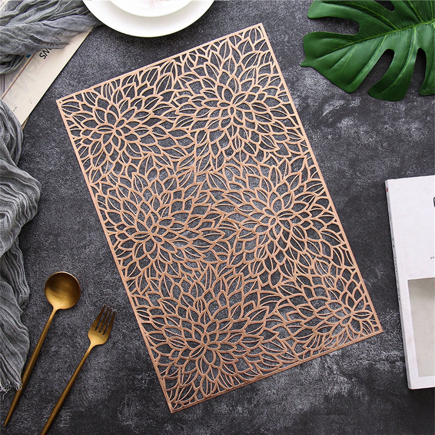 JWDX Placemat Clearance! Rectangular Flower Pvc Placemat Home Daily Table Decoration Pvc Hot Gold Placemat, Kitchen Mat Promotion Include 6*Placemat Rose Gold