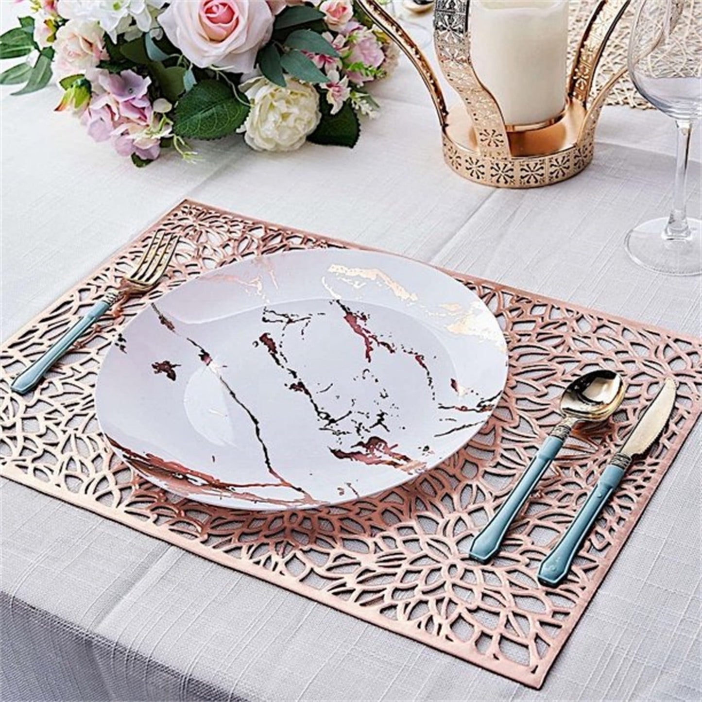 JWDX Placemat Clearance! Rectangular Flower Pvc Placemat Home Daily Table Decoration Pvc Hot Gold Placemat, Kitchen Mat Promotion Include 6*Placemat Rose Gold
