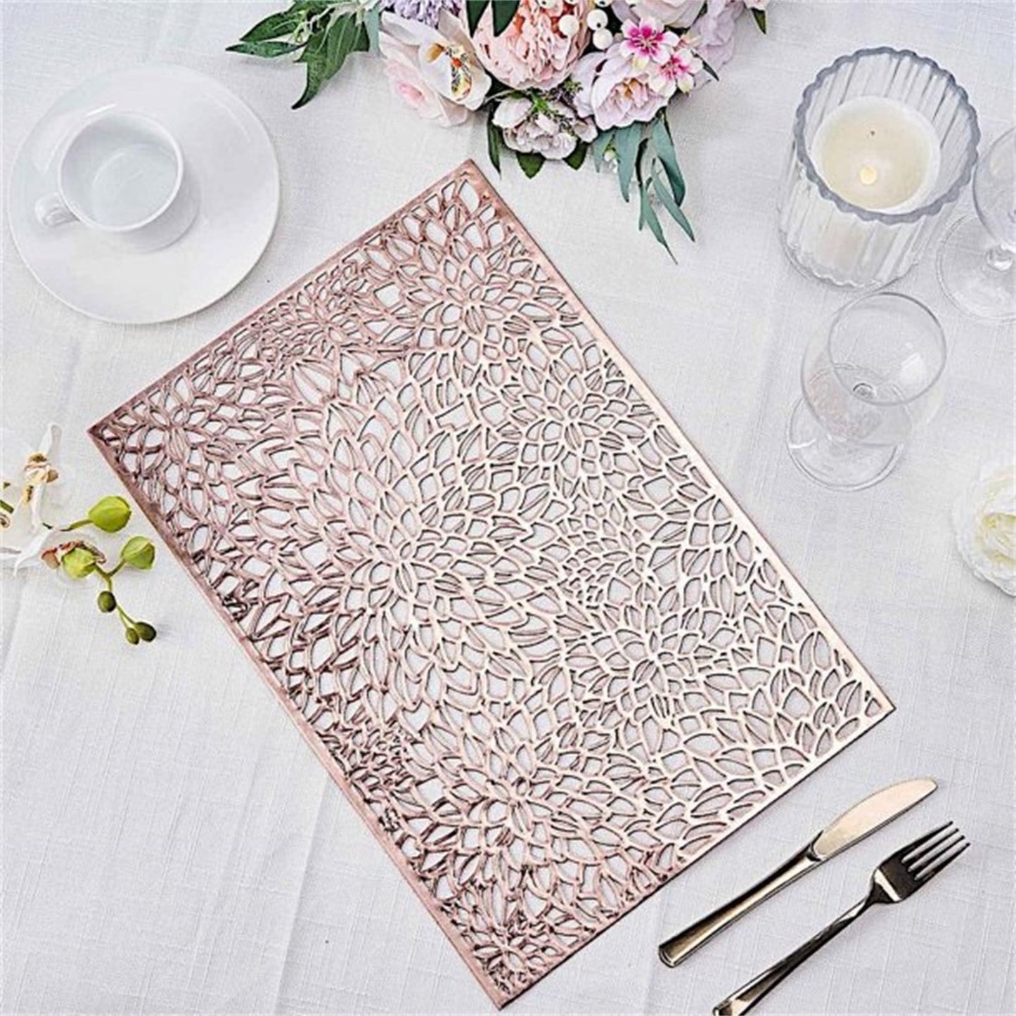 JWDX Placemat Clearance! Rectangular Flower Pvc Placemat Home Daily Table Decoration Pvc Hot Gold Placemat, Kitchen Mat Promotion Include 6*Placemat Rose Gold