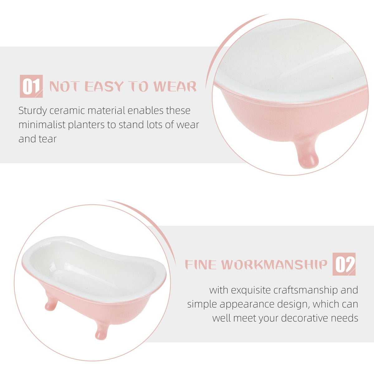 Bathtub Shaped Flower Pot Pink Ceramic 1Set 6.3x3.5x2.8in