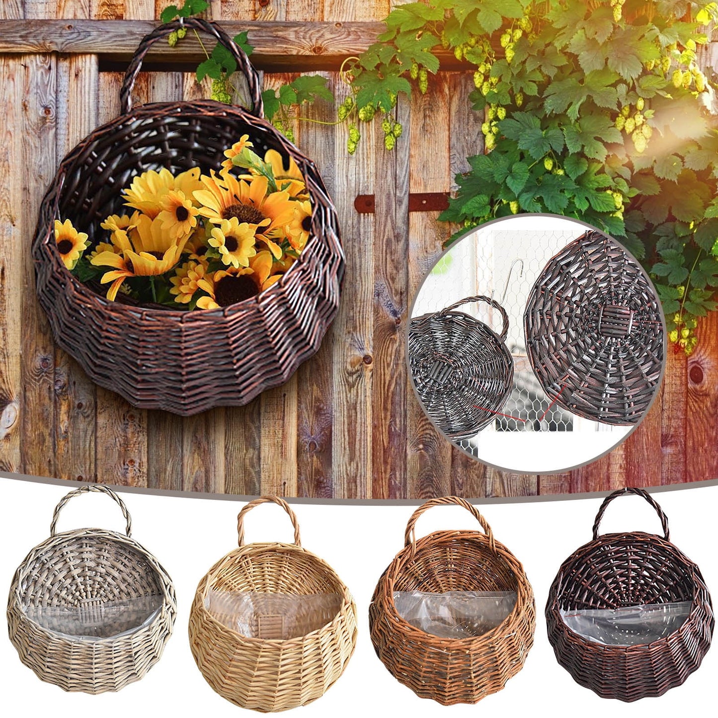 Wicker Storage Basket with Handles,Wall Pot Hanging Basket Storage Small Wicker Basket, Woven Handmade Basket Basket Flower Patio & Garden,Handwoven Craft,Leak Proof Lining,6.3x8.27',Beige Brown