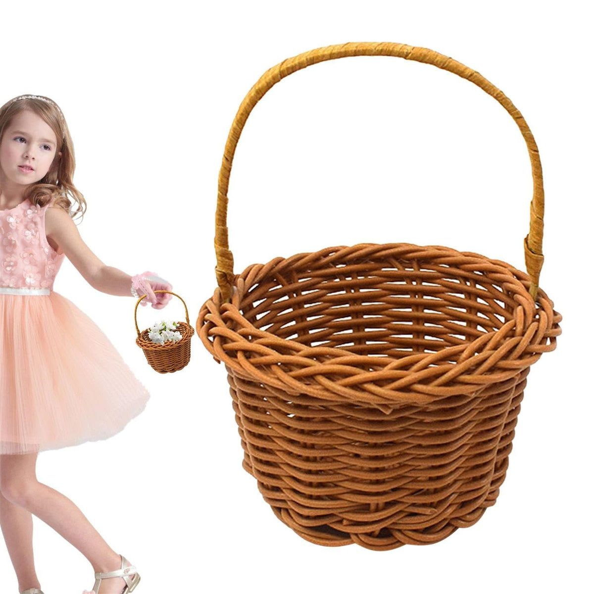 1 Piece Mini Small Wicker Basket,Wedding Flower Basket,3.14x1.96x5.51"Basket for Flower,Hand Woven Flower Basket,Kids Flower Stretch, Natural Hand Woven Easter Gift Basket with Handles,White BW1
