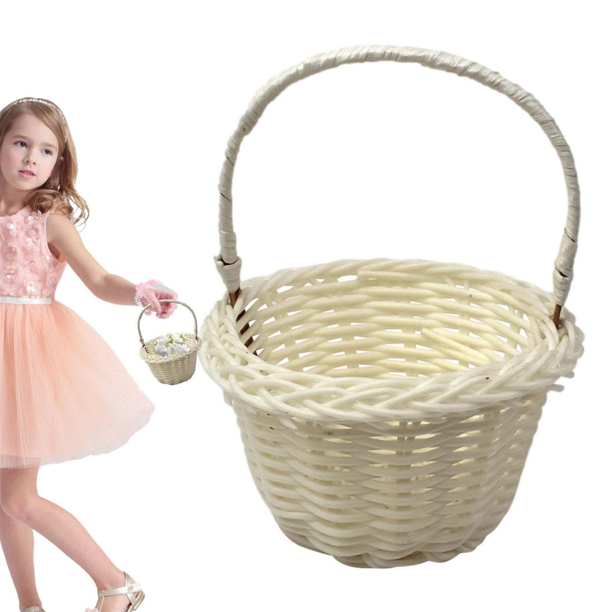 1 Piece Mini Small Wicker Basket,Wedding Flower Basket,3.14x1.96x5.51"Basket for Flower,Hand Woven Flower Basket,Kids Flower Stretch, Natural Hand Woven Easter Gift Basket with Handles White