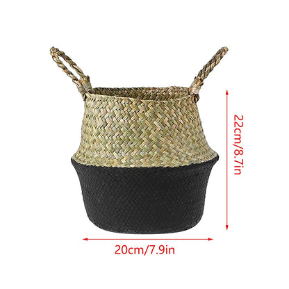Seagrass Wicker Basket Flower Pot Folding Basket,3 Size Seagrass Handmade Decorative and Functional Storage Basket,Wicker Picnic Basket with Double Handles,Basket for Storage 10.2x12.6"