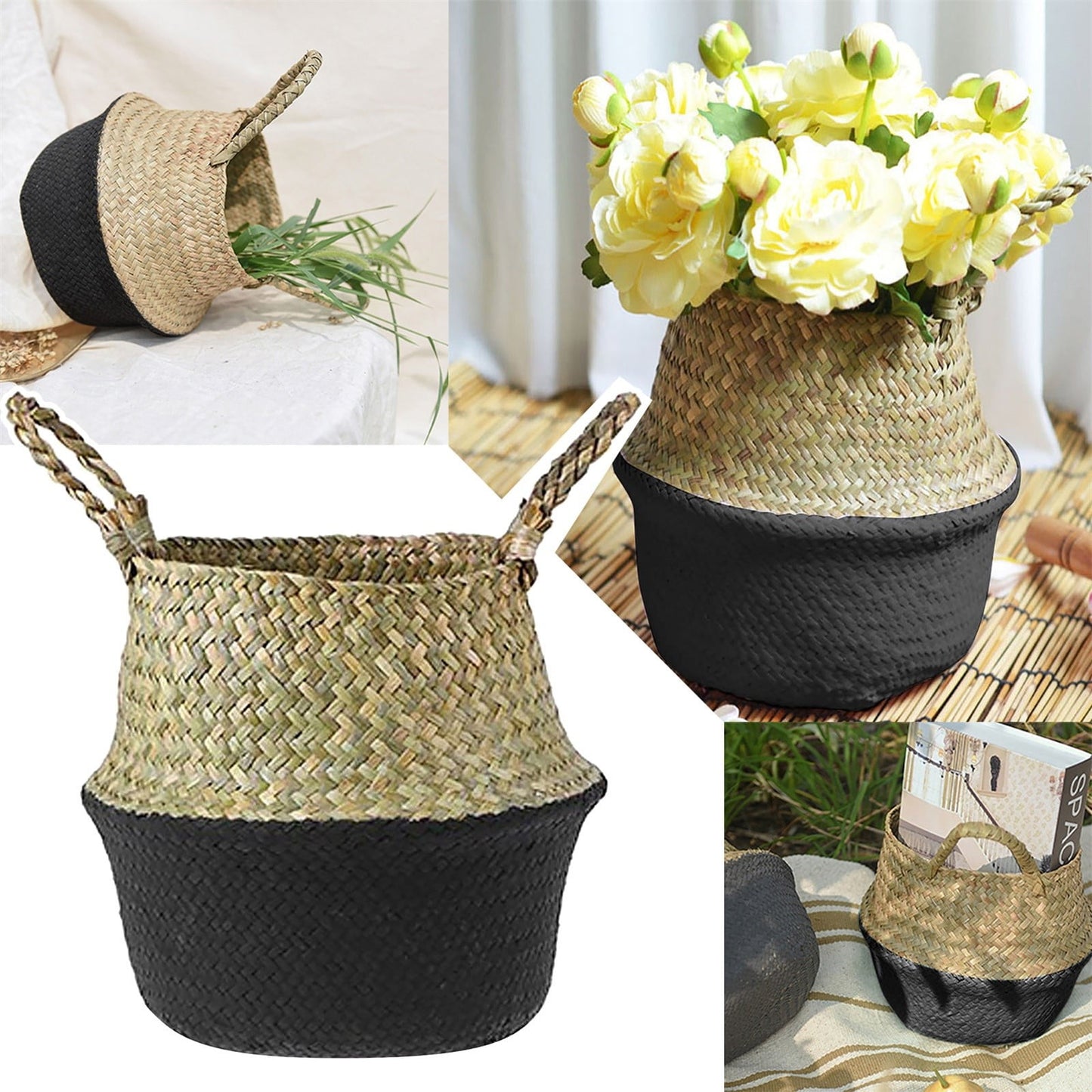 Seagrass Wicker Basket Flower Pot Folding Basket,3 Size Seagrass Handmade Decorative and Functional Storage Basket,Wicker Picnic Basket with Double Handles,Basket for Storage,10.2x12.6 9.4x10.6"