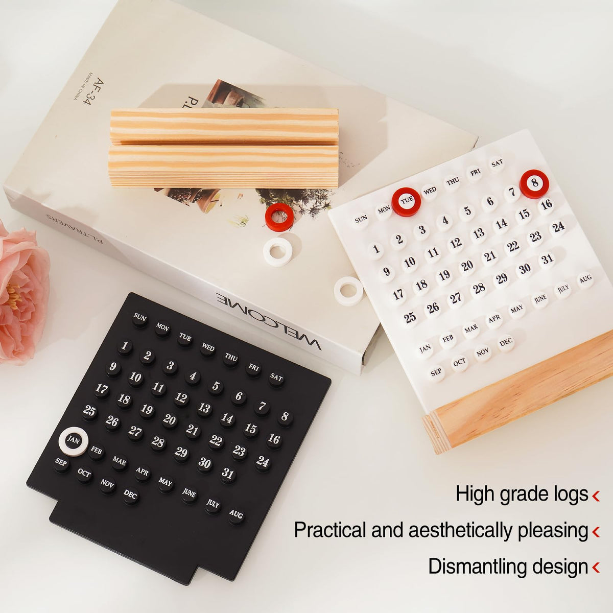 1 Piece Wooden Perpetual Desk Calendar with Retro Date Display for Home Offices, Study Desks and Everyday Decorative Organisation, Black