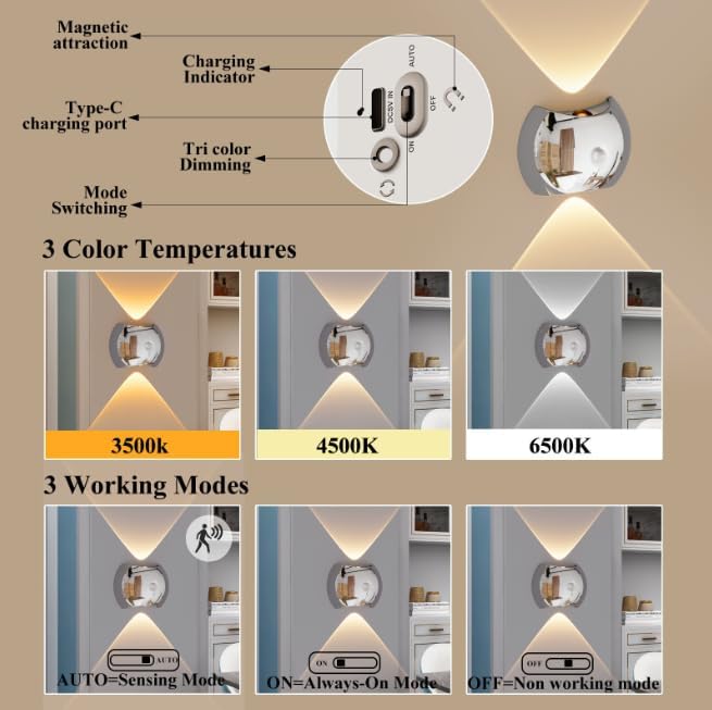 Indoor Wall Lamp - Night Light with Motion Sensor - Wireless LED Wall Light - Rechargeable Wall Lamp - Stair Lighting - Closet Lighting - Bedroom Lamp - USB Rechargeable - Magnetic -Warm White Light - Dark Wood - 1 Piece