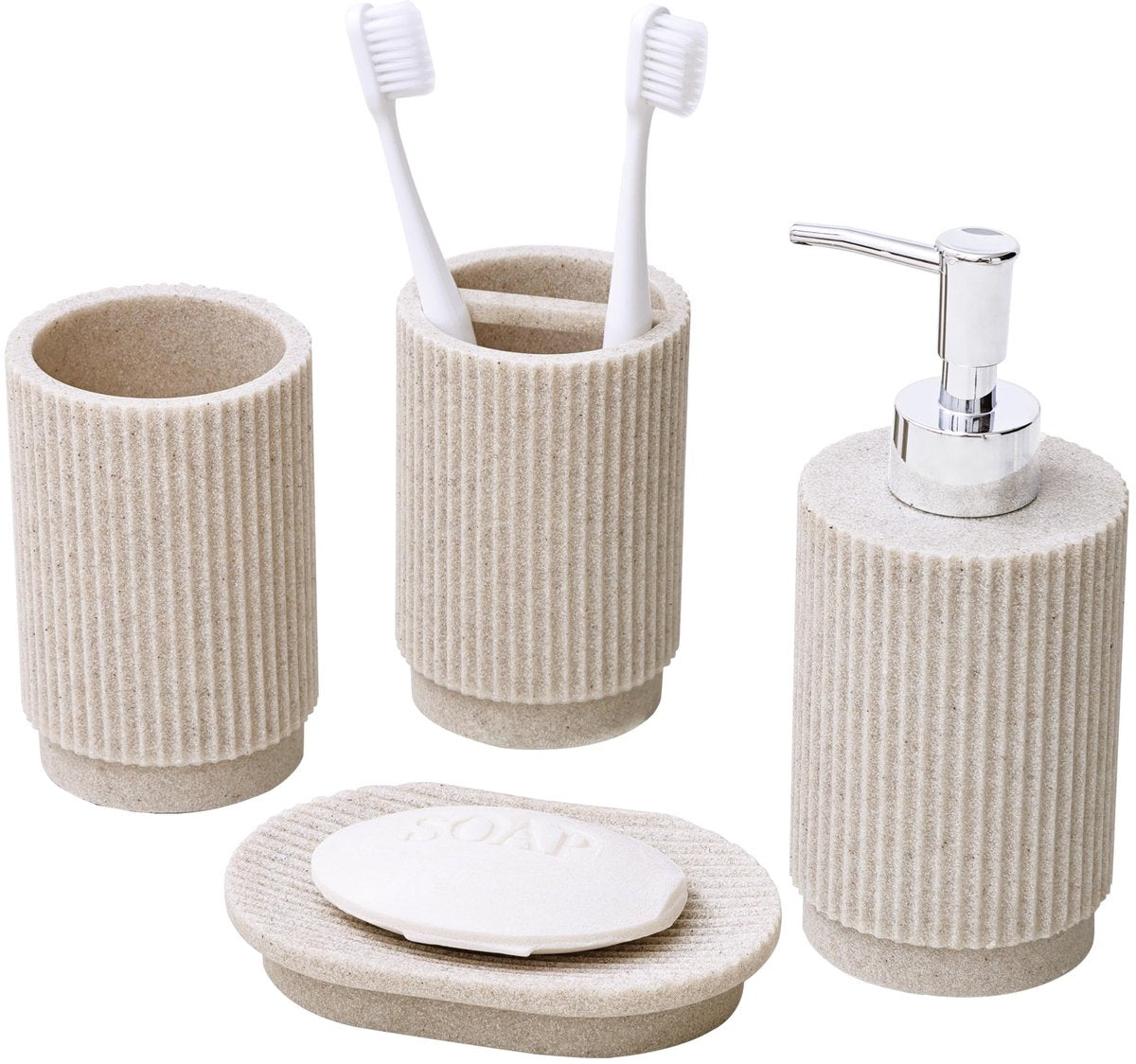 Stylish six-piece bathroom set with soap dispenser and storage accessories