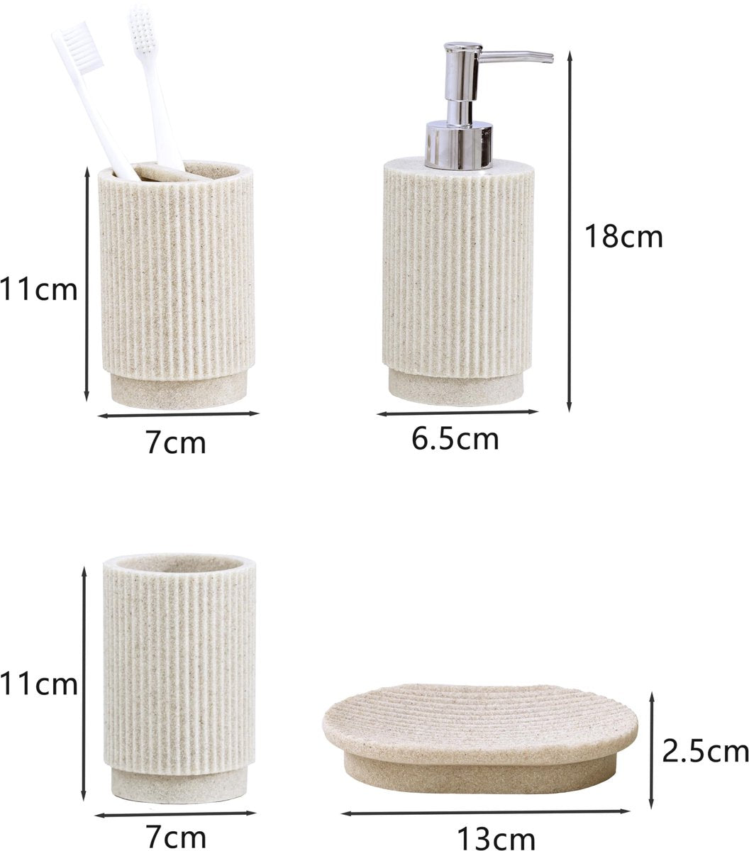 Stylish six-piece bathroom set with soap dispenser and storage accessories
