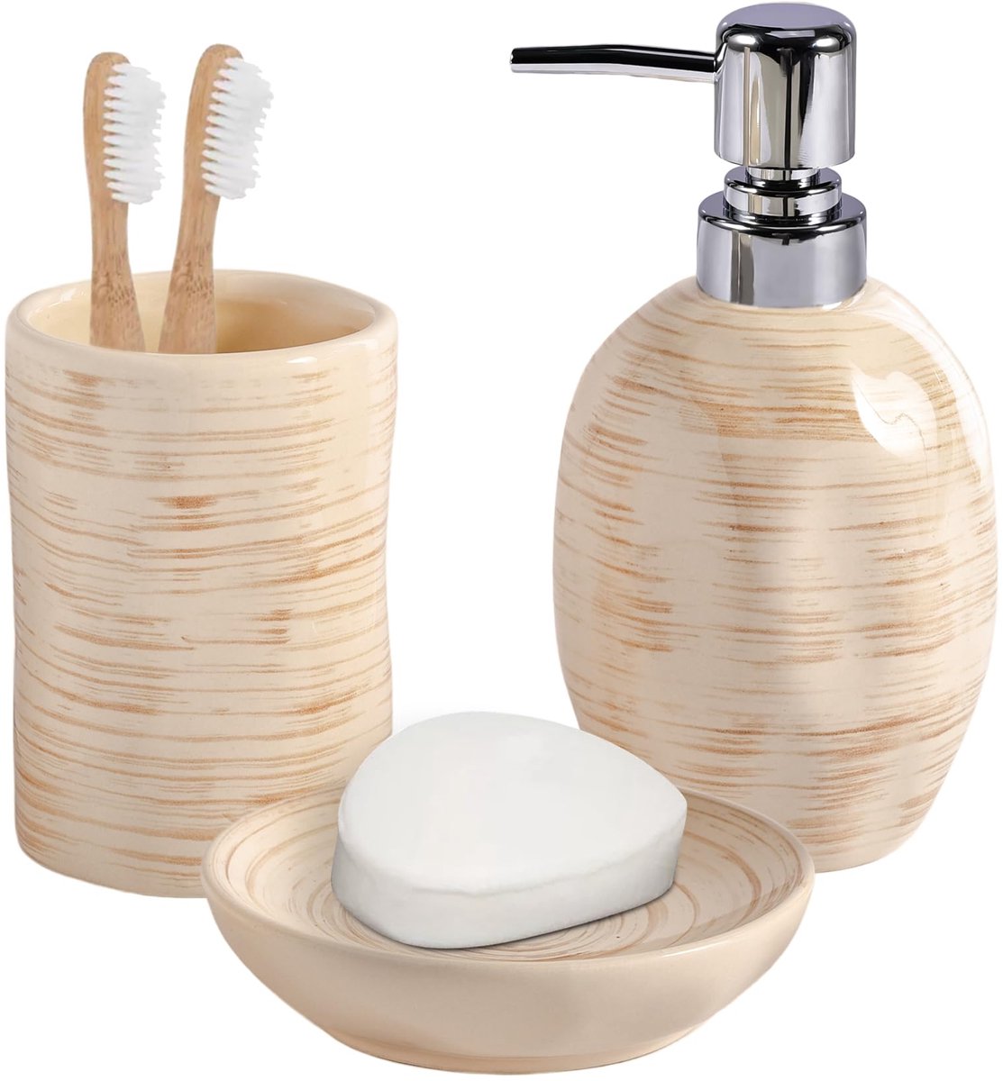Stylish six-piece bathroom set with soap dispenser and storage accessories