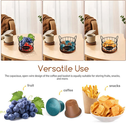 Storage basket - Storage rack - Coffee capsule storage rack - Fruit basket - Home storage accessories - Wooden base - Suitable for home, coffee bars, and offices - Black - 13*13*12 cm