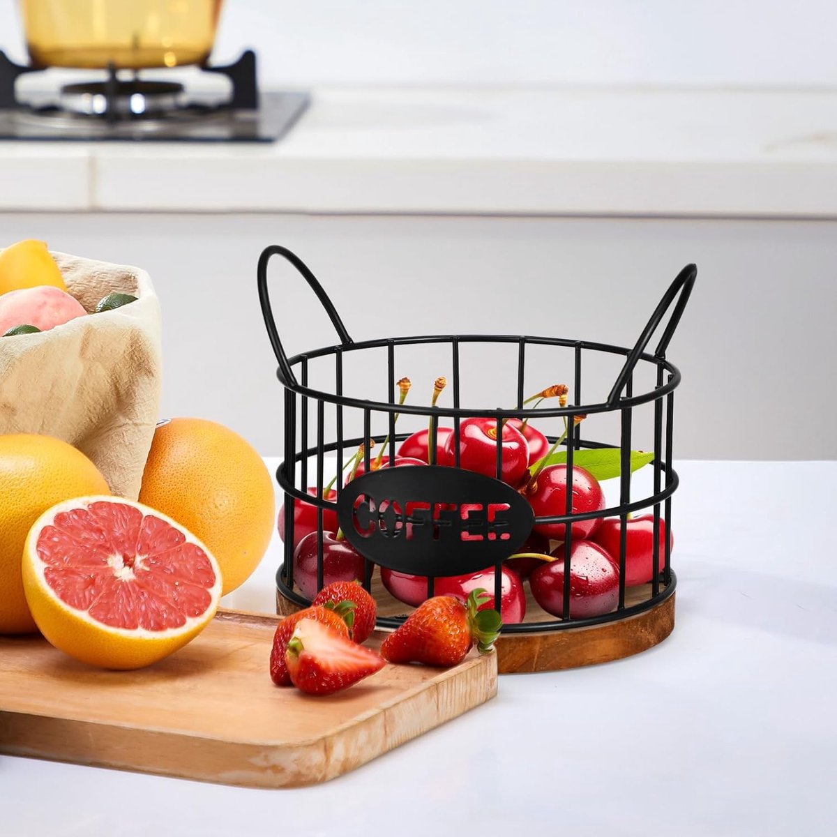 Storage basket - Storage rack - Coffee capsule storage rack - Fruit basket - Home storage accessories - Wooden base - Suitable for home, coffee bars, and offices - Black - 13*13*12 cm