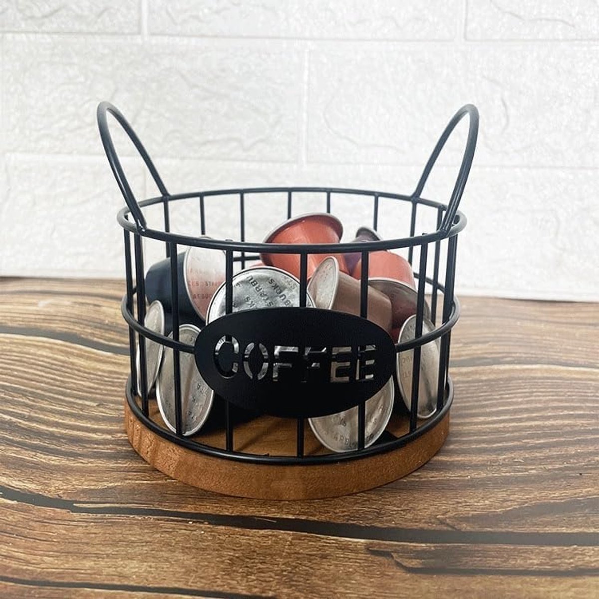 Storage basket - Storage rack - Coffee capsule storage rack - Fruit basket - Home storage accessories - Wooden base - Suitable for home, coffee bars, and offices - Black - 13*13*12 cm