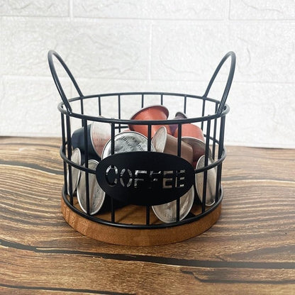 Storage basket - Storage rack - Coffee capsule storage rack - Fruit basket - Home storage accessories - Wooden base - Suitable for home, coffee bars, and offices - Black - 13*13*12 cm