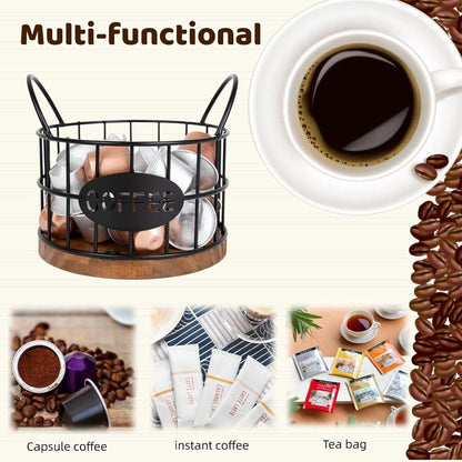 Storage basket - Storage rack - Coffee capsule storage rack - Fruit basket - Home storage accessories - Wooden base - Suitable for home, coffee bars, and offices - Black - 13*13*12 cm