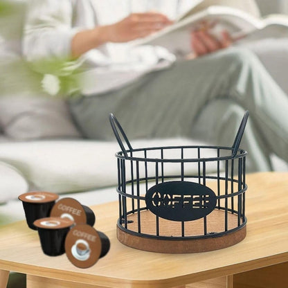 Storage basket - Storage rack - Coffee capsule storage rack - Fruit basket - Home storage accessories - Wooden base - Suitable for home, coffee bars, and offices - Black - 13*13*12 cm