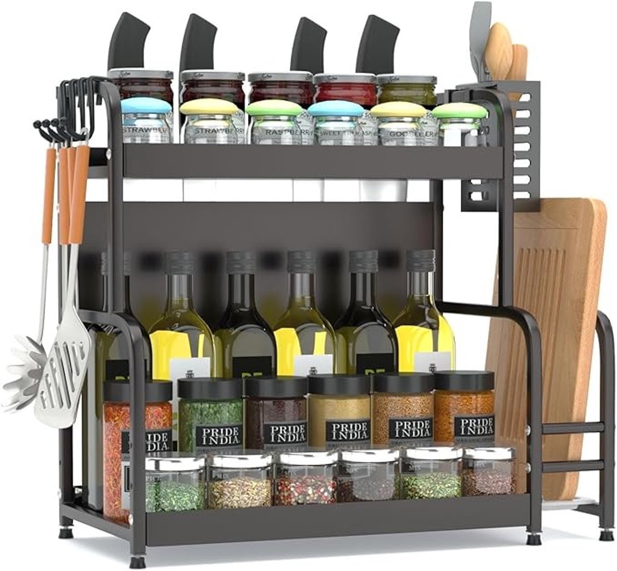 Extendable spice rack with storage accessories - 2 tiers