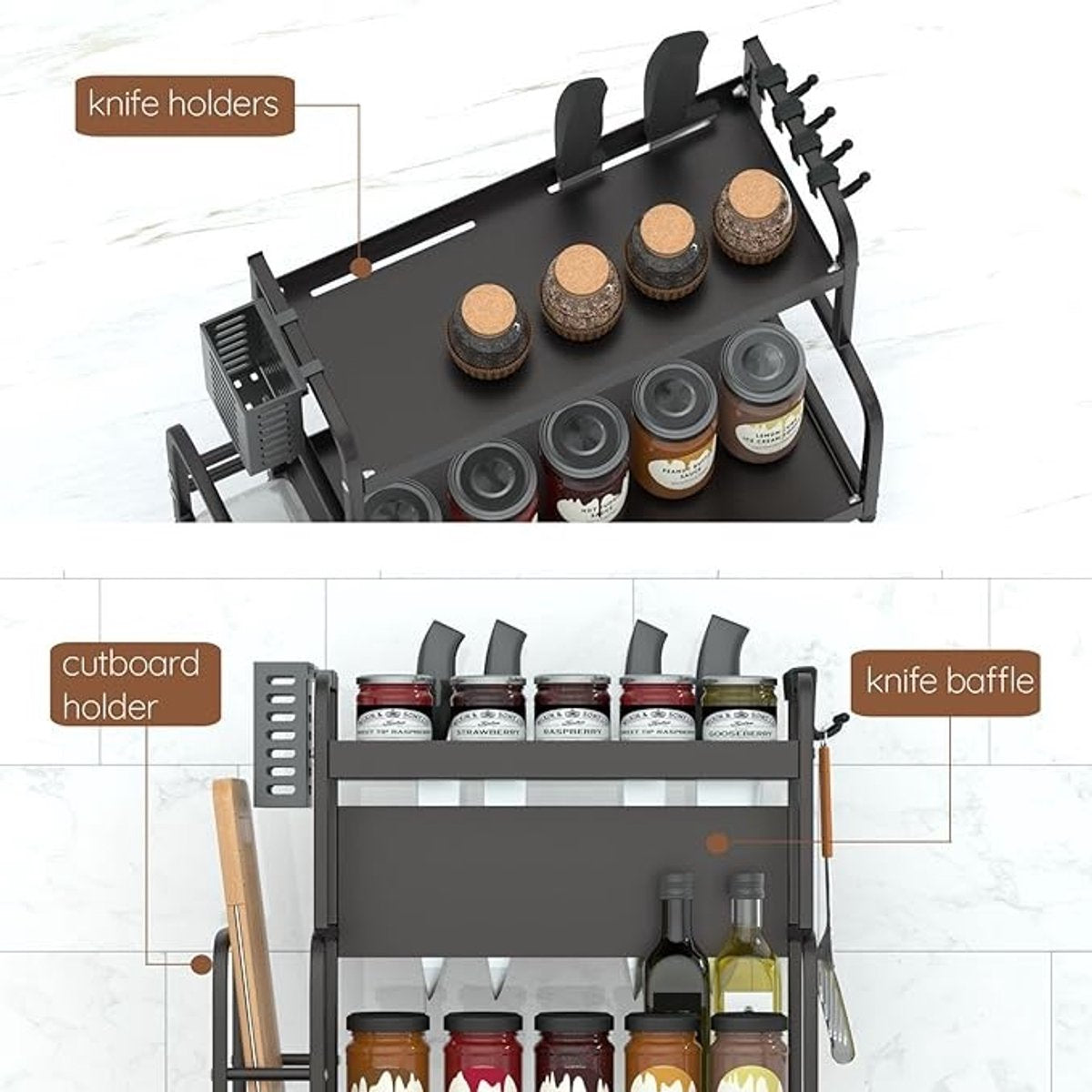 Extendable spice rack with storage accessories - 2 tiers