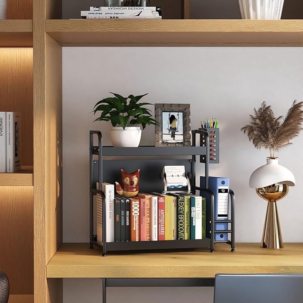 Extendable spice rack with storage accessories - 2 tiers