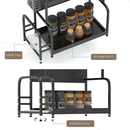 Extendable spice rack with storage accessories - 2 tiers