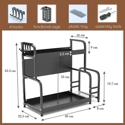 Extendable spice rack with storage accessories - 2 tiers