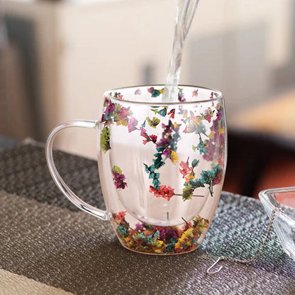 Double-Wall Insulated Glass Mug with Handle,High Borosilicate Glass Coffee Cup for Hot & Cold Drinks - Decorative with Flowers/Shells/Glitter,Tea, Latte, Iced Beverage Cup S01