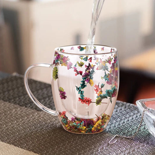 Double-Wall Insulated Glass Mug with Handle,High Borosilicate Glass Coffee Cup for Hot & Cold Drinks - Decorative with Flowers/Shells/Glitter,Tea, Latte, Iced Beverage Cup S01
