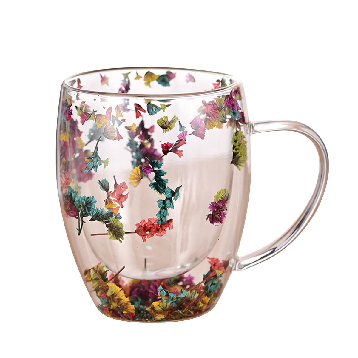 Double-Wall Insulated Glass Mug with Handle,High Borosilicate Glass Coffee Cup for Hot & Cold Drinks - Decorative with Flowers/Shells/Glitter,Tea, Latte, Iced Beverage Cup S01