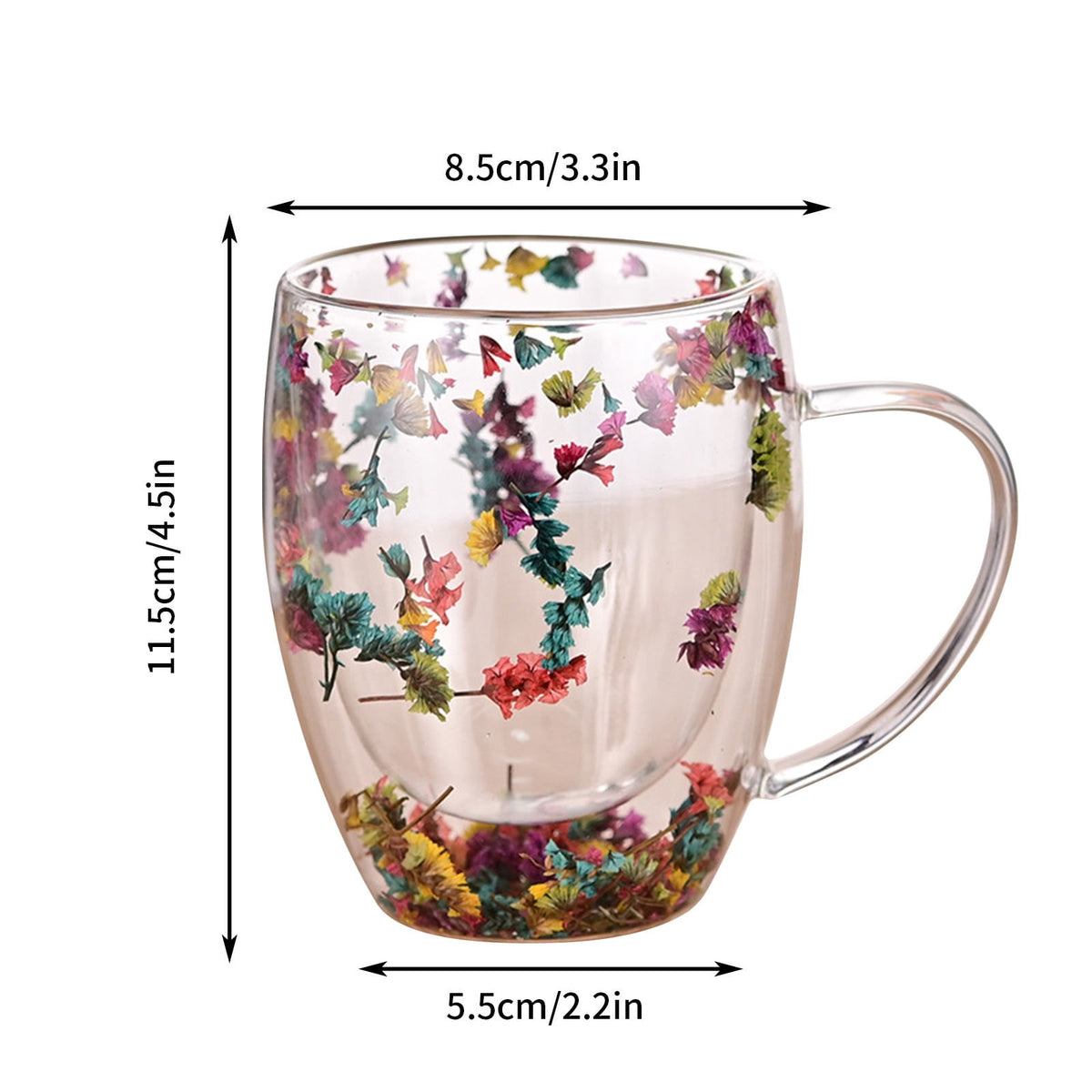 Double-Wall Insulated Glass Mug with Handle,High Borosilicate Glass Coffee Cup for Hot & Cold Drinks - Decorative with Flowers/Shells/Glitter,Tea, Latte, Iced Beverage Cup S01