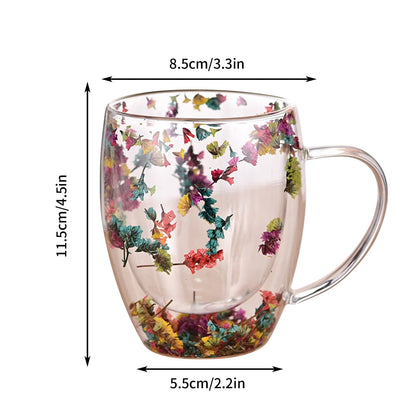 Double-Wall Insulated Glass Mug with Handle,High Borosilicate Glass Coffee Cup for Hot & Cold Drinks - Decorative with Flowers/Shells/Glitter,Tea, Latte, Iced Beverage Cup S01