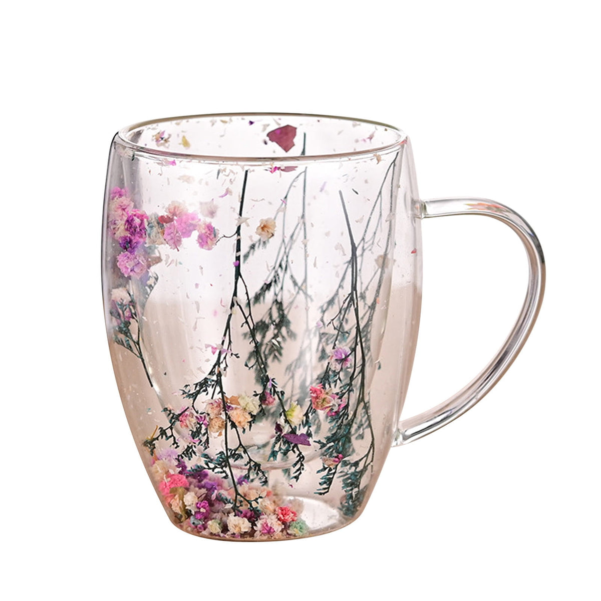 Double-Wall Insulated Glass Mug with Handle,High Borosilicate Glass Coffee Cup for Hot & Cold Drinks - Decorative with Flowers/Shells/Glitter,Tea, Latte, Iced Beverage Cup S01