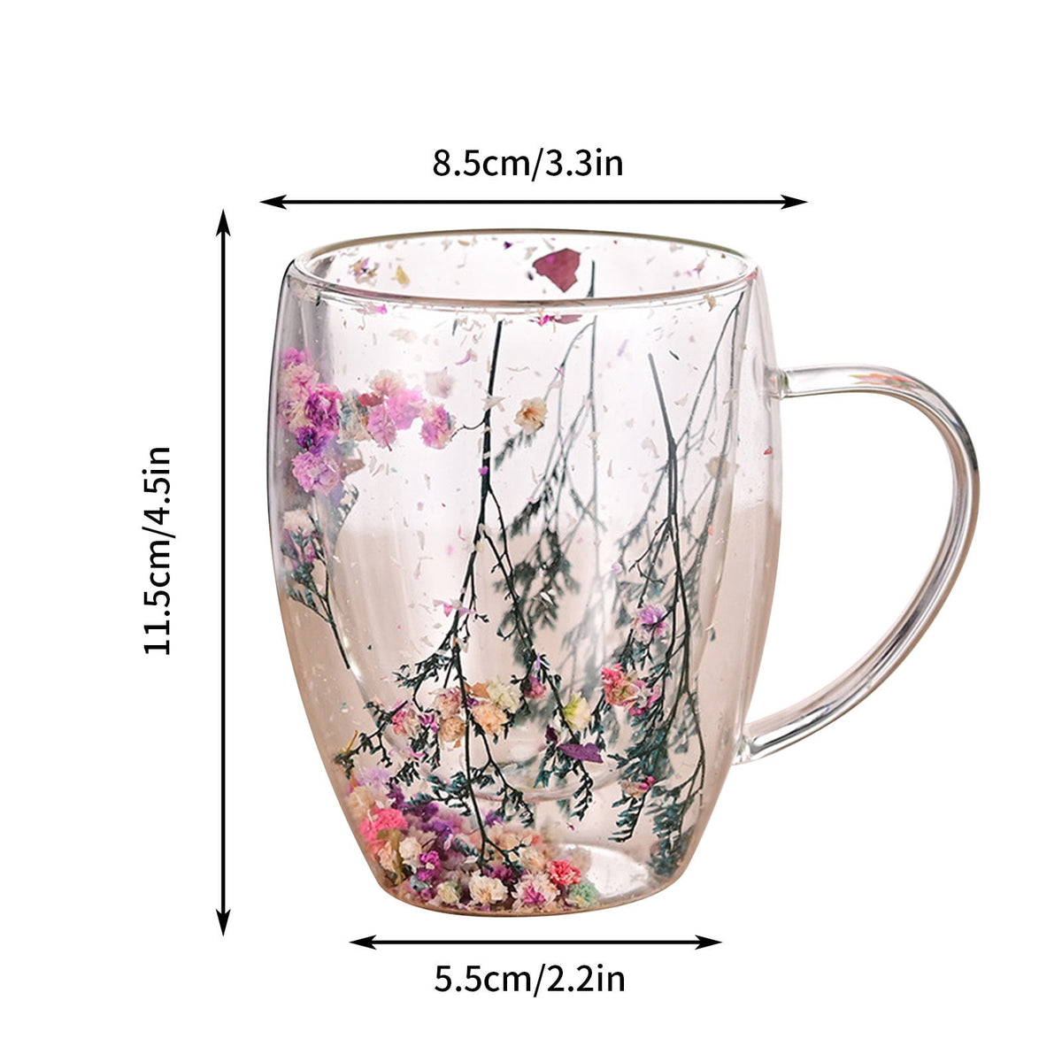 Double-Wall Insulated Glass Mug with Handle,High Borosilicate Glass Coffee Cup for Hot & Cold Drinks - Decorative with Flowers/Shells/Glitter,Tea, Latte, Iced Beverage Cup S01