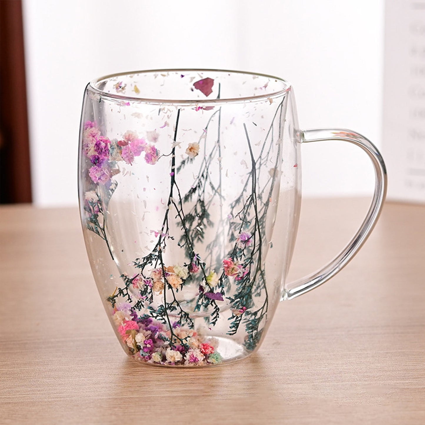 Double-Wall Insulated Glass Mug with Handle,High Borosilicate Glass Coffee Cup for Hot & Cold Drinks - Decorative with Flowers/Shells/Glitter,Tea, Latte, Iced Beverage Cup S01