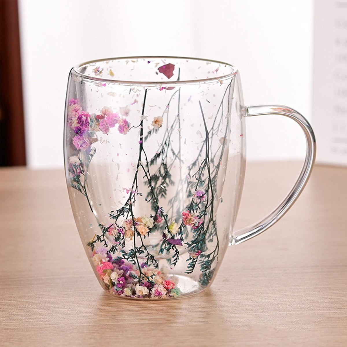 Double-Wall Insulated Glass Mug with Handle,High Borosilicate Glass Coffee Cup for Hot & Cold Drinks - Decorative with Flowers/Shells/Glitter,Tea, Latte, Iced Beverage Cup S01