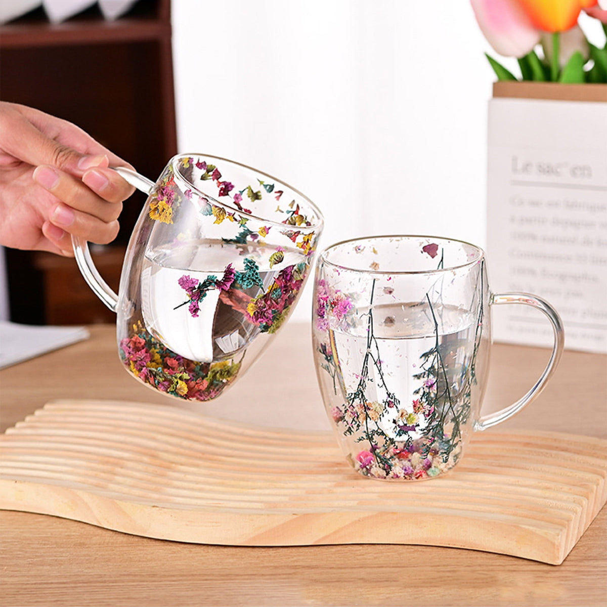 Double-Wall Insulated Glass Mug with Handle,High Borosilicate Glass Coffee Cup for Hot & Cold Drinks - Decorative with Flowers/Shells/Glitter,Tea, Latte, Iced Beverage Cup S01