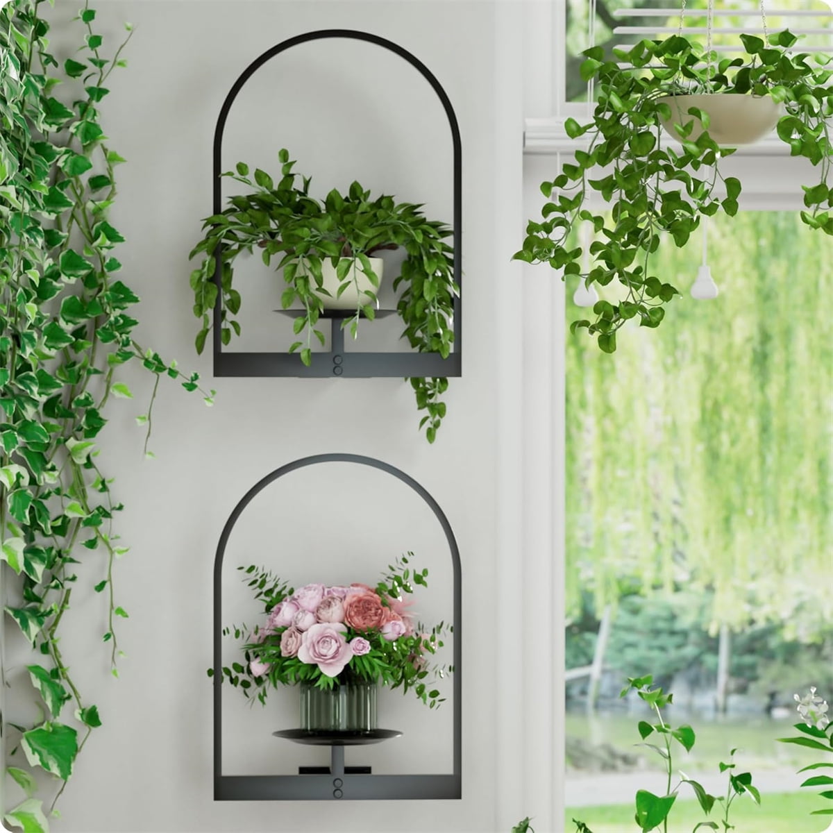 Metal Hanging Flower Holder,QZS Wall Plant Holders,Premium Picture Frame Flower Stand,Portable Indoor Plant Shelves for Bathroom,Living Room,2pcs